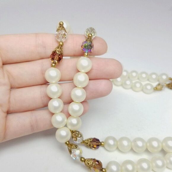 Vintage Two Stand Beaded Faux Pearl and AB Necklace, Retro 60s Style, Estate - Picture 1 of 4